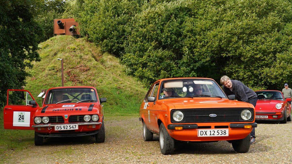 Der drøftes taktikker på parkeringspladsen ved Tørskind Grusgrav, da feltet holdt formiddagspause ved de berømte Robert Jacobsen skulpturer.
(Foto: Viggo Johansen, rallypics.dk)